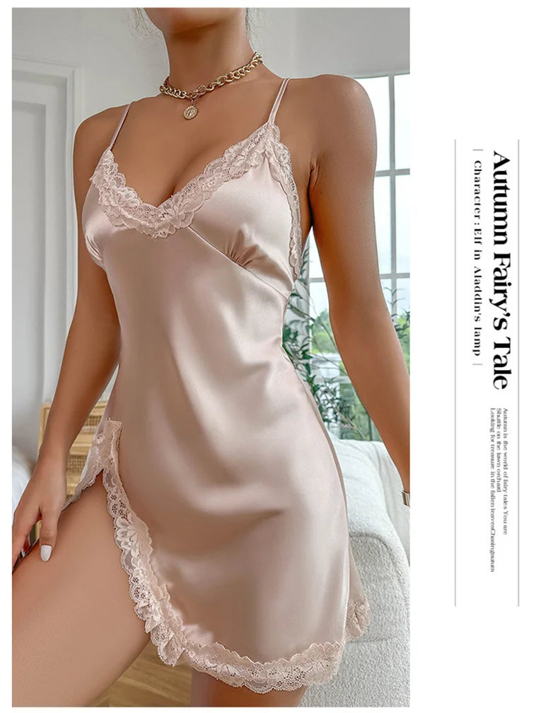 Silk Satin Lace Women Nightgown Sleeveless Cross Back Sleepwear Solid Color Deep V Neck Side Split Pajama Home Dress