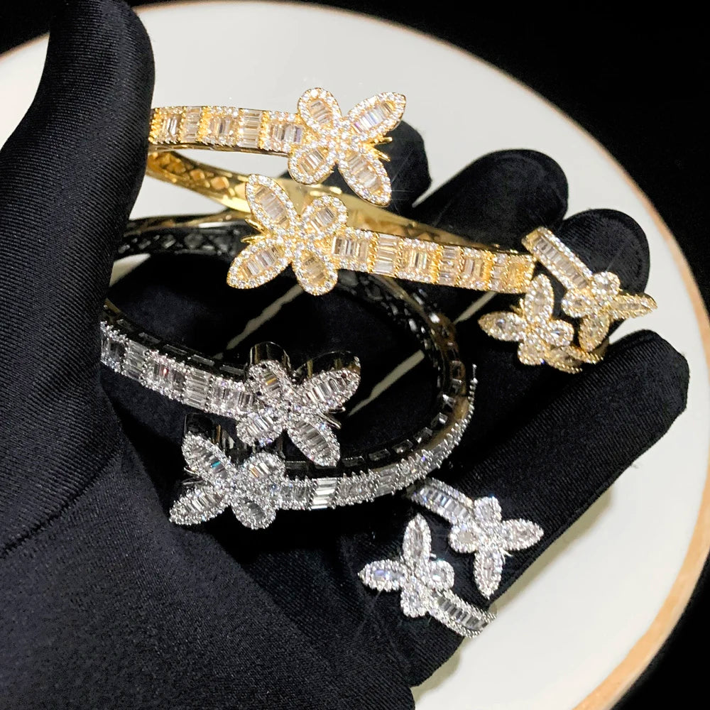 New Iced Out Bling Opened Butterfly Charm Bracelet Silver Color Zircon Insects Bangle For Men Women Hip Hop Luxury Jewelry