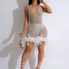 Elegant Luxury Sequins See Through Feather Mini Dress Celebrity Halter Backless Women‘s Sexy Birthday Party Nightclub Vestidos
