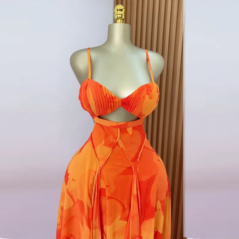 CM.YAYA Women Floral Printed Strap Backless Bra Front Big Swing Maxi Long Dress 2025 Vintage Sexy Club Party Evening Dresses