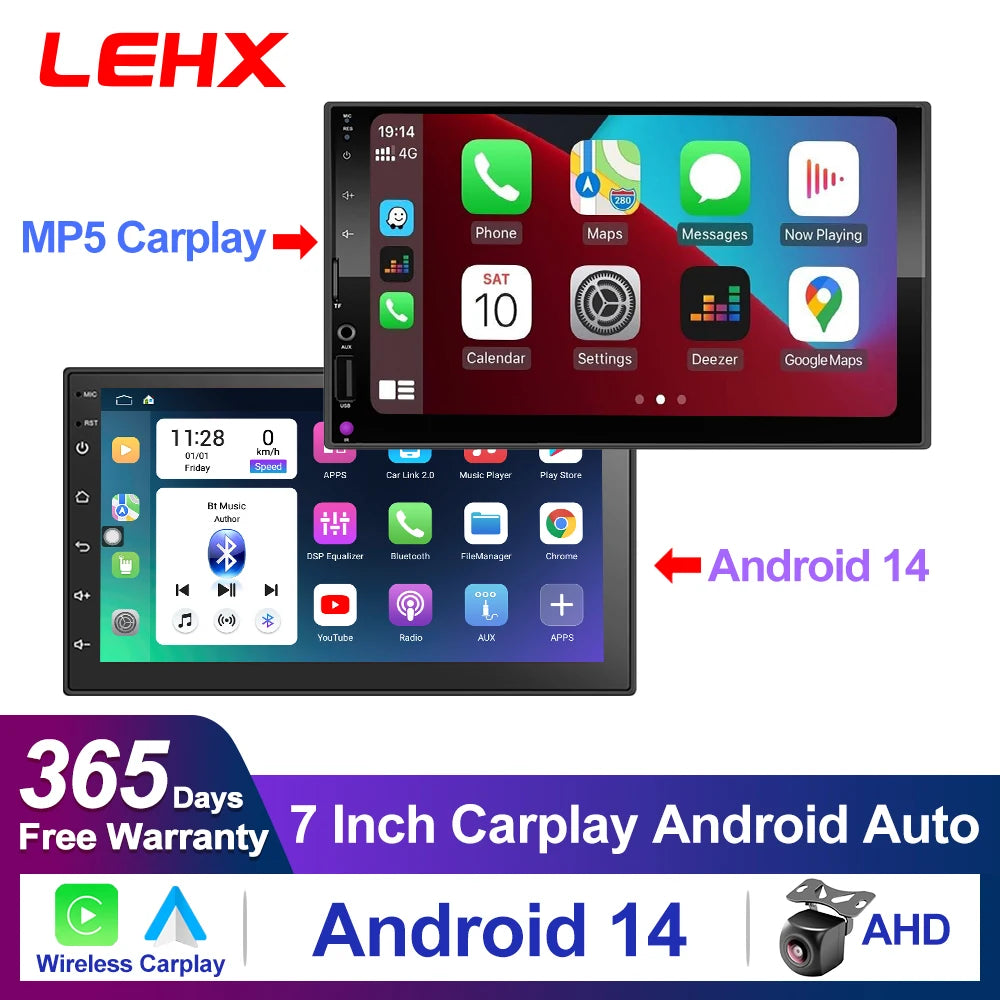 LEHX 7" 2Din MP5 Video Carplay & 4Core Android 14 Car Radio Audio Androidauto Carplay 4G GPS WIFI Automotive Multimedia Player