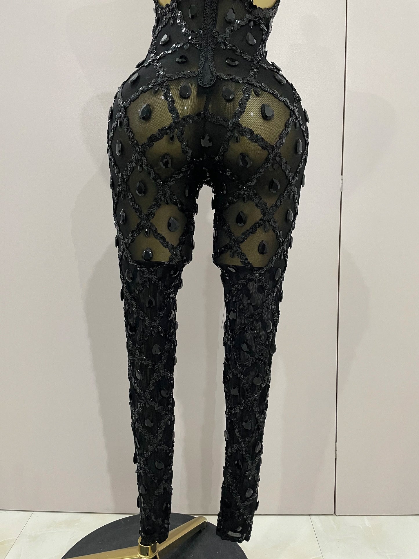 Luxury Sparkly Black Diamond Mesh See THhrough Jumpsuit Women Celebrate Birthday Sexy Dancer Nightclub Performance Stage Costume