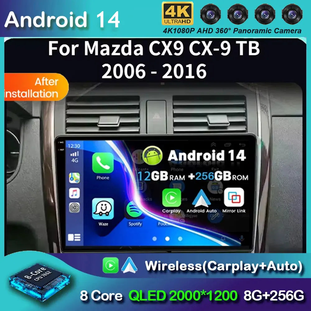 Android 14 Carplay Auto For Mazda CX9 CX-9 TB 2006 2007 2008 2009 2010 2016 Car Radio Multimedia Player Video Stereo WIFI+4G DSP