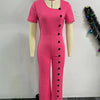 Znaiml Women Elegant Long Jumpsuits for Party Summer Short Sleeve Buttons Solid Color Wide Leg Pants Rompers One Pieces Overalls