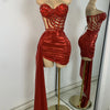 Sparkly Red Diamonds Asymmetrical Two Pieces Dress Design 2025 Women Sexy Strapless Top Skirt Suits Dance Performance Outfit
