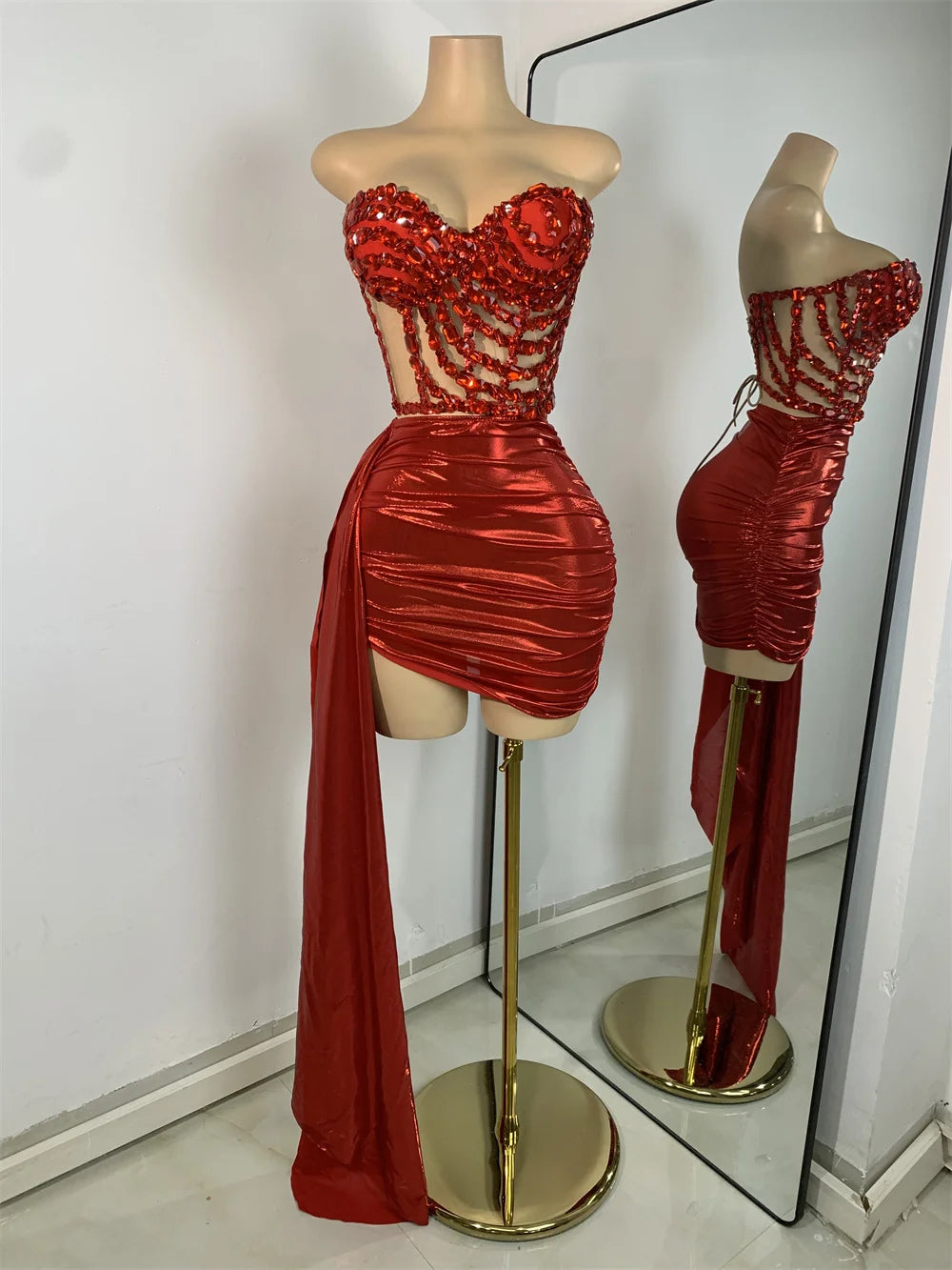 Sparkly Red Diamonds Asymmetrical Two Pieces Dress Design 2025 Women Sexy Strapless Top Skirt Suits Dance Performance Outfit
