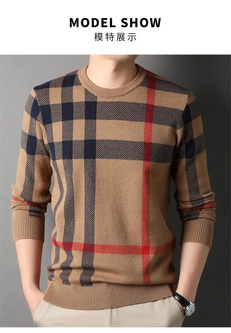 High Quality Luxury Men's Knitted Pullover Autumn Winter O-Neck Striped Wool Sweater British Casual Fashion Versatile Knitwear