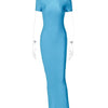 Hugcitar Pure Color O Neck Short Sleeve Slit Sexy Bodycon Slim Maxi Prom Dress 2024 Summer Women Elegant Party Festival Clothes