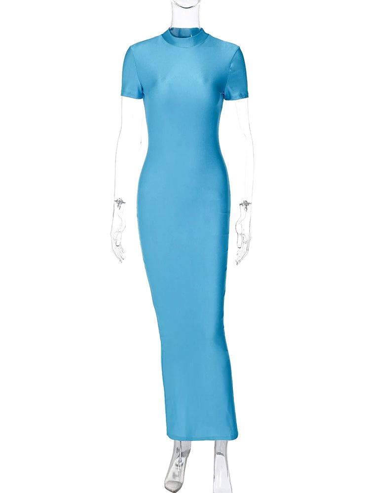 Hugcitar Pure Color O Neck Short Sleeve Slit Sexy Bodycon Slim Maxi Prom Dress 2024 Summer Women Elegant Party Festival Clothes
