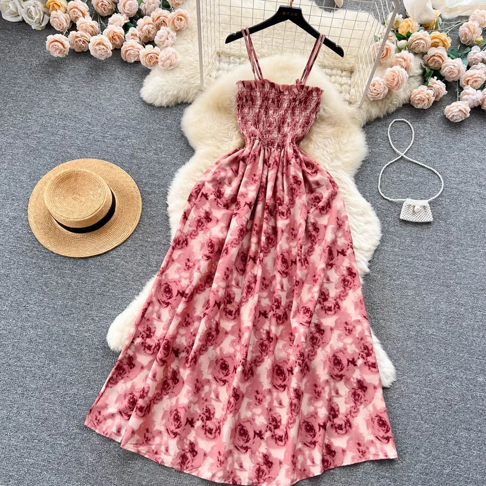 2024 New Summer Korean Fashion Rose Flower Print Romantic Retro Party Dress Elastic High Waist Vacation Long Dress Beach Vestido