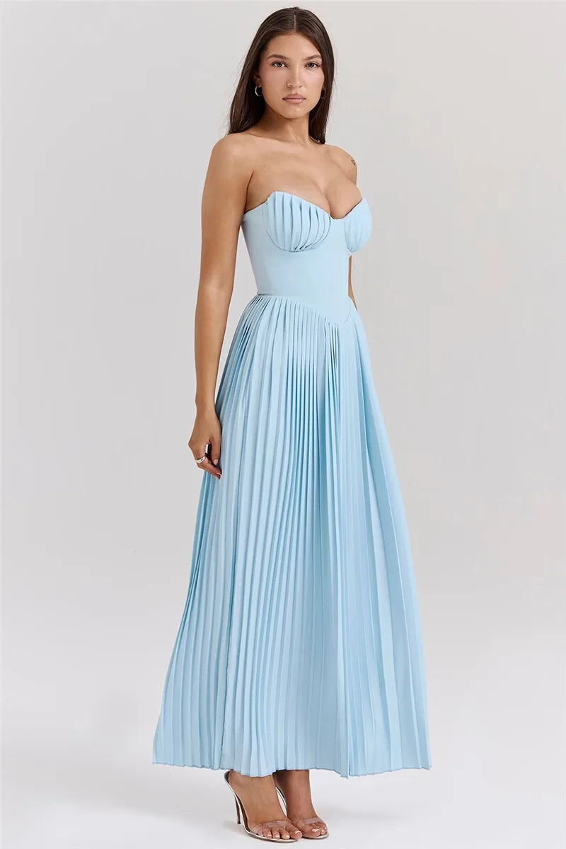 Mozision Off-shoulder Backless Pleated Maxi Dress For Women Fashion Strapless Sleeveless High Waist Bodycon Sexy Long Dress