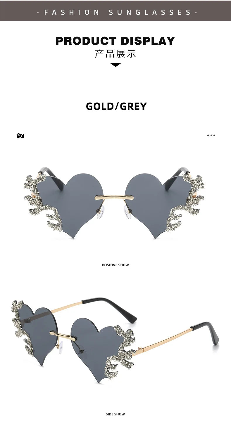 Rimless Sunglasses Women Luxury Brand Rhinestone Sun Glasses Ladies Cute Heart Shape Punk Party Eyewear очки від сонця женские