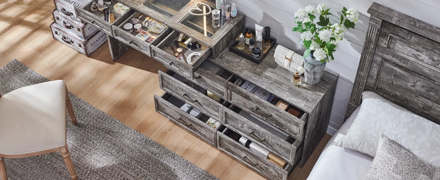 69" W rustic wood bedroom dresser with glass top, 9 large storage drawers, 3 color usable lights and 30 "HD Led mirror