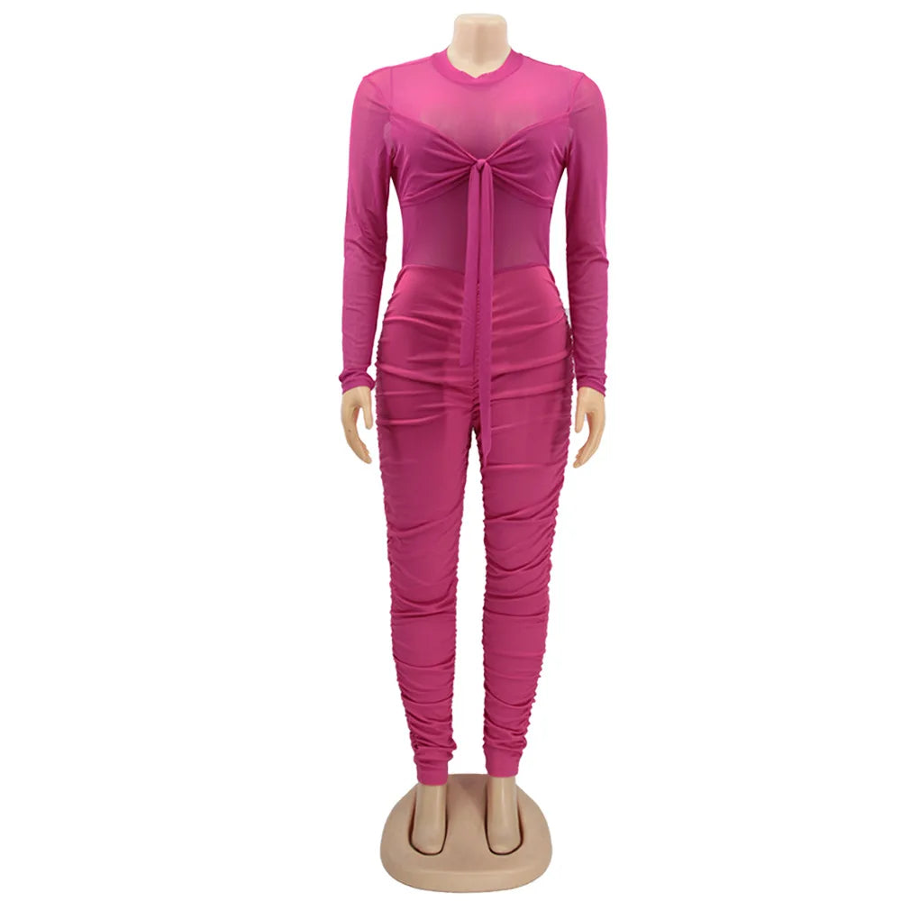 Sexy Mesh Patchwork Jumpsuits for Women Elegant Long Sleeve Bandage One Piece Party Long Bodysuit