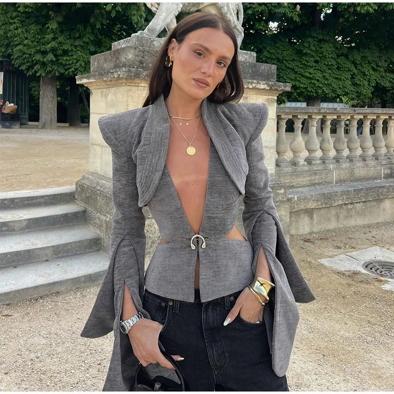 Sexy Deep V-neck Woolen Jackets Women's Hollow Up Waist Split Flare Long Sleeves Metal Buckle Coat High Street Fashion Jacket