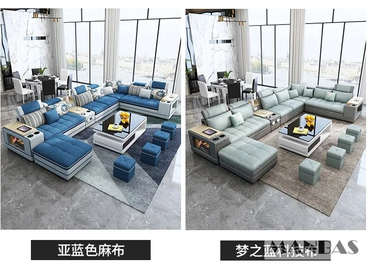 MINGDIBAO Nordic Fabric Sofa Set with Bluetooth Speaker & USB - Modern Living Room Modular Sofas Big U Shape Corner Cloth Couch