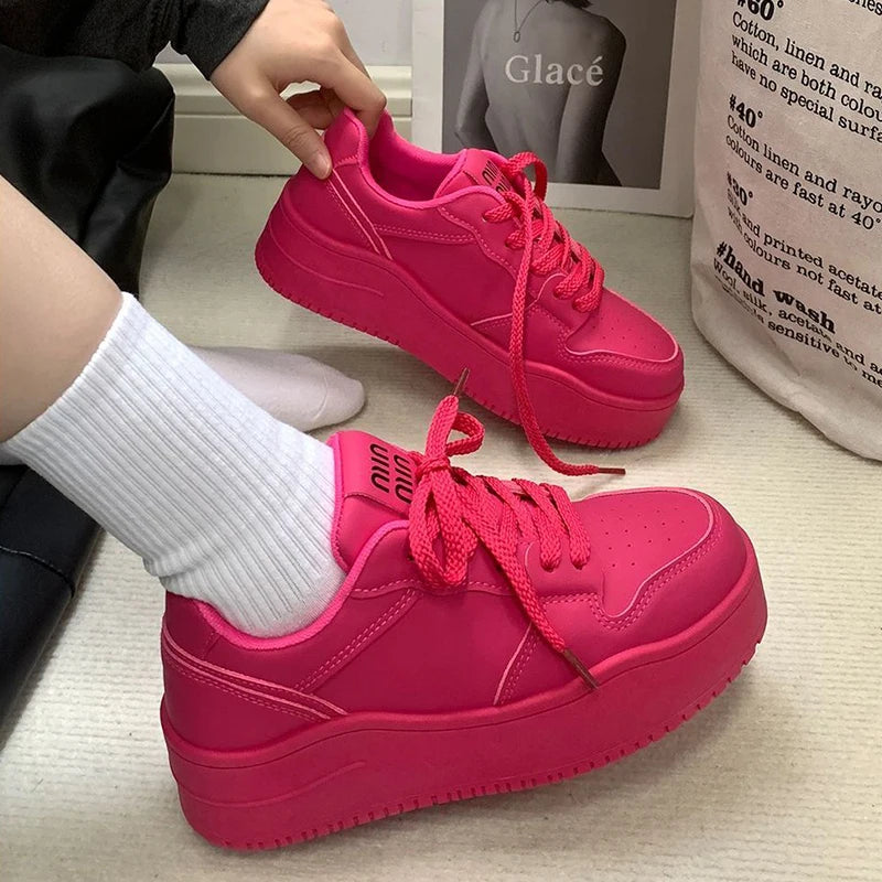 2025 New spring shoes for women green trainers platform lace up sneakers woman hip hop chunky sports shoes faux leather sneaker