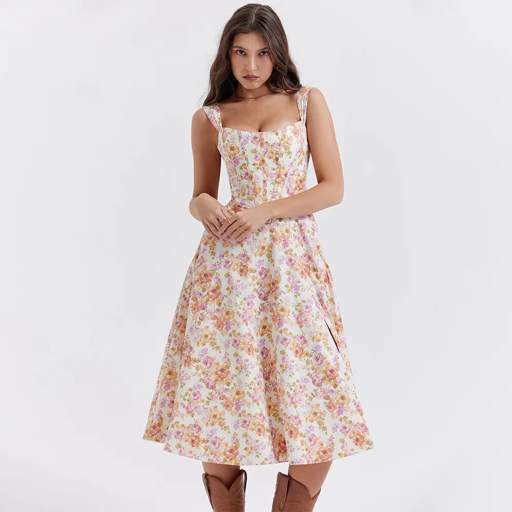 Suninheart Summer Pink Floral Print Corset Dress Midi Elegant Sexy Party Dresses Holiday Birthday Casual A Line Women Clothing