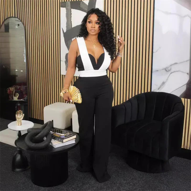 Elegant Fashion Overall Jumpsuit Women Night Club Party Sleeveless Patchwork Birthday Bandage Wide Leg Rompers Combinaison Femme