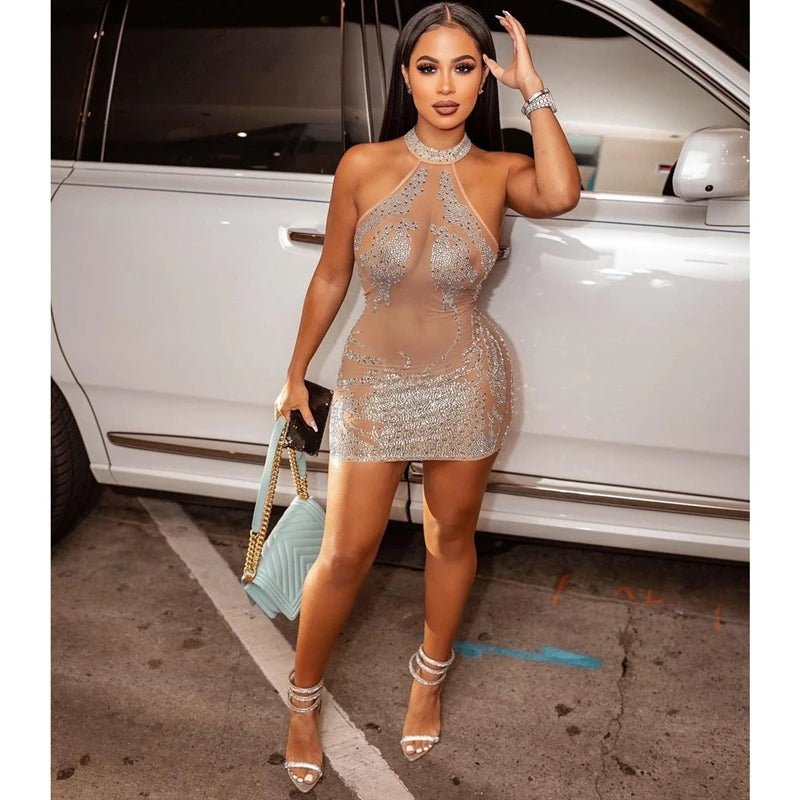 Sexy Party Dress for Women Mesh Sheer See Through Party Club Night Mini Bodycon Dress Luxury Rhinestone Sparkly Birthday Dress