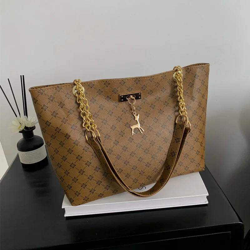 Luxury Old Money Tote Bag - Printed PU with Metal Chain Strap,Spacious & Lightweight for Women Commuting Travel