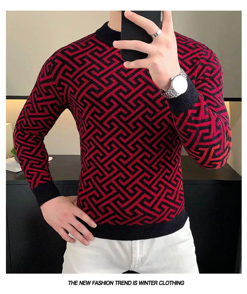 Autumn Winter Velvet Knitted Sweater Men's Long Sleeve Round Necked Sweater Slim Fit Casual Business Knitwear Tops Men Clothing
