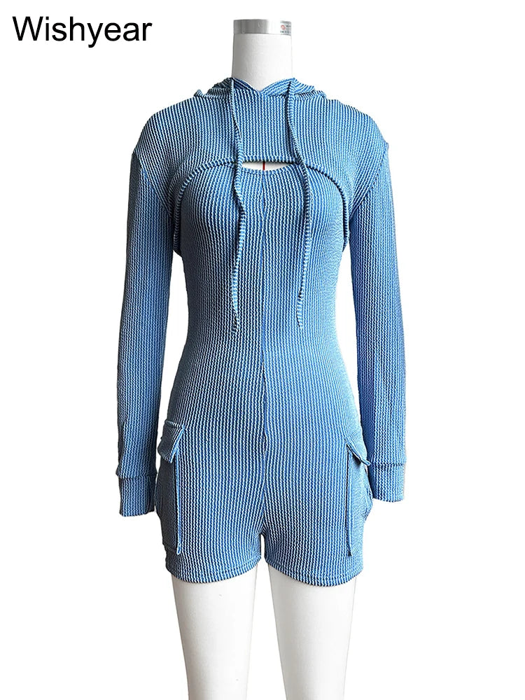 Women's Knitted Ribbed Cargo Pocket Playsuits with Hooded Long Sleeve Top Outfits Jumpsuits Shorts Overalls Birthday Clubwear