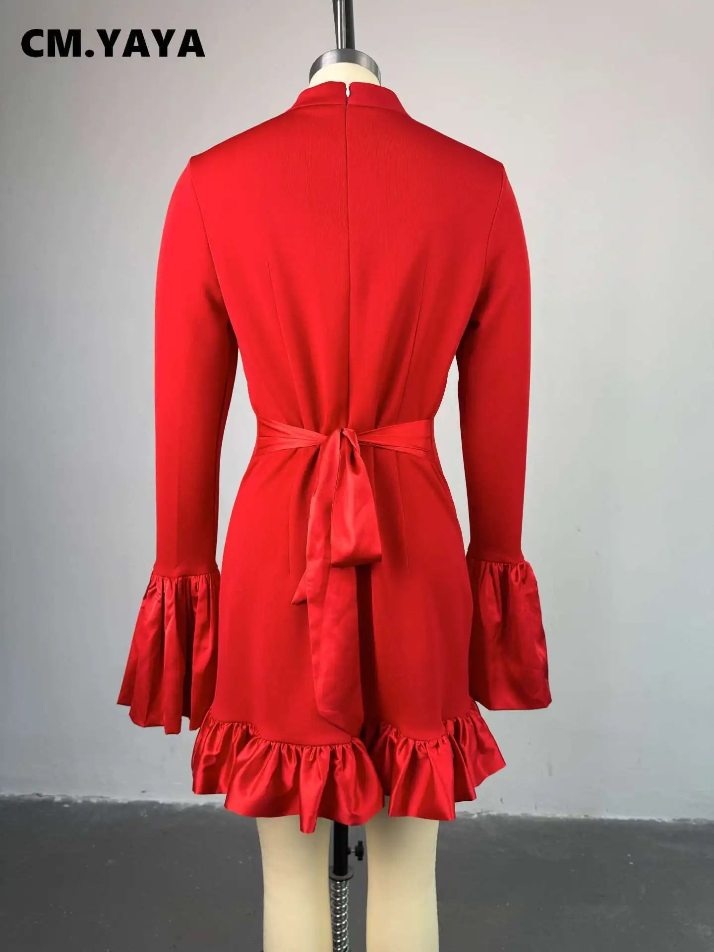 CM.YAYA Women O-neck Long Flare Sleeve Ruffles Mini Dress 2025 Spring Sweet Sexy Birthday Evening Night Party Vestidos Dresses