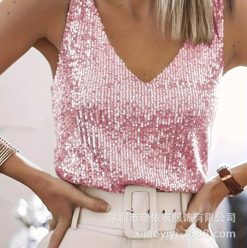 Women's Summer New Item Solid Color Fashion Sequin Light Mature Sexy V-neck Sleeveless Camisole Vest Pullover Top
