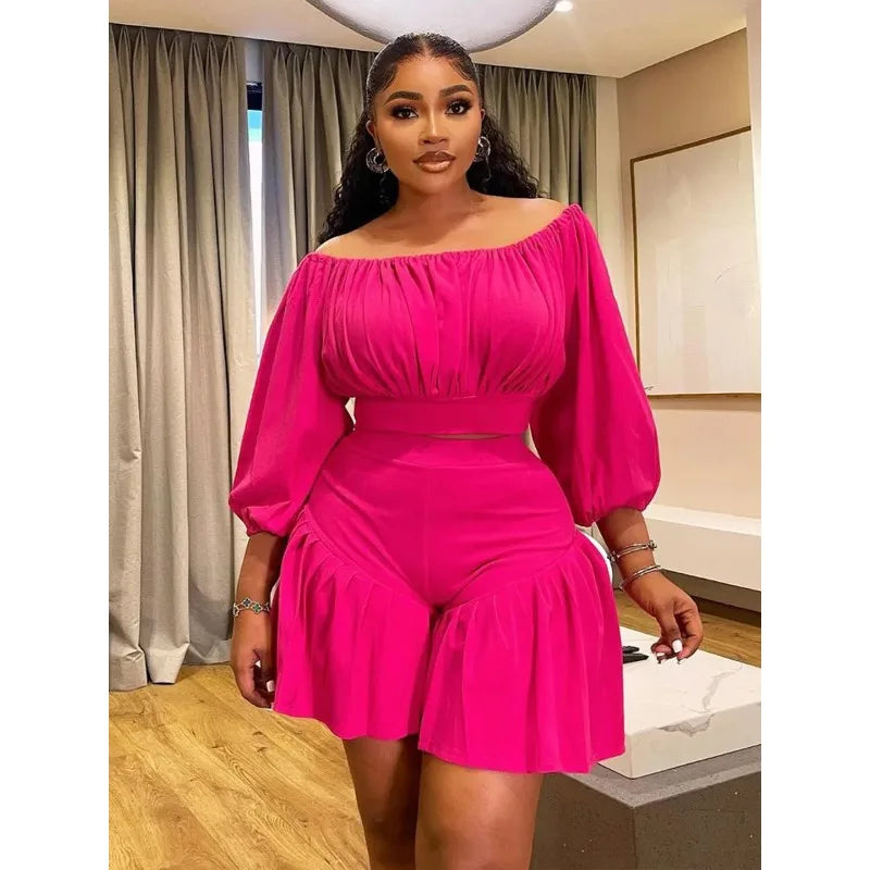 Customized Plus Size Women's Set Long Sleeve Slash Neck T-Shirt and Shorts 2025 Summer Ruched Two 2 Piece Set Outfits Tracksuit