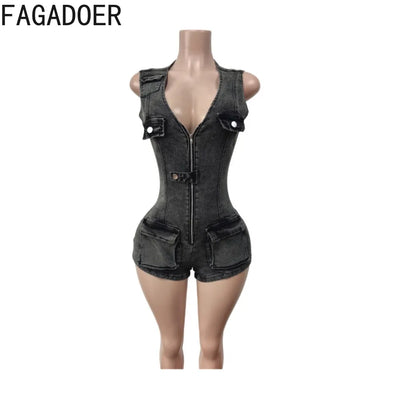 FAGADOER Spring Summer New Sexy Sleeveless Denim Rompers Women Button Zipper Cargo Pocket Patchwork Female Streetwear Overalls