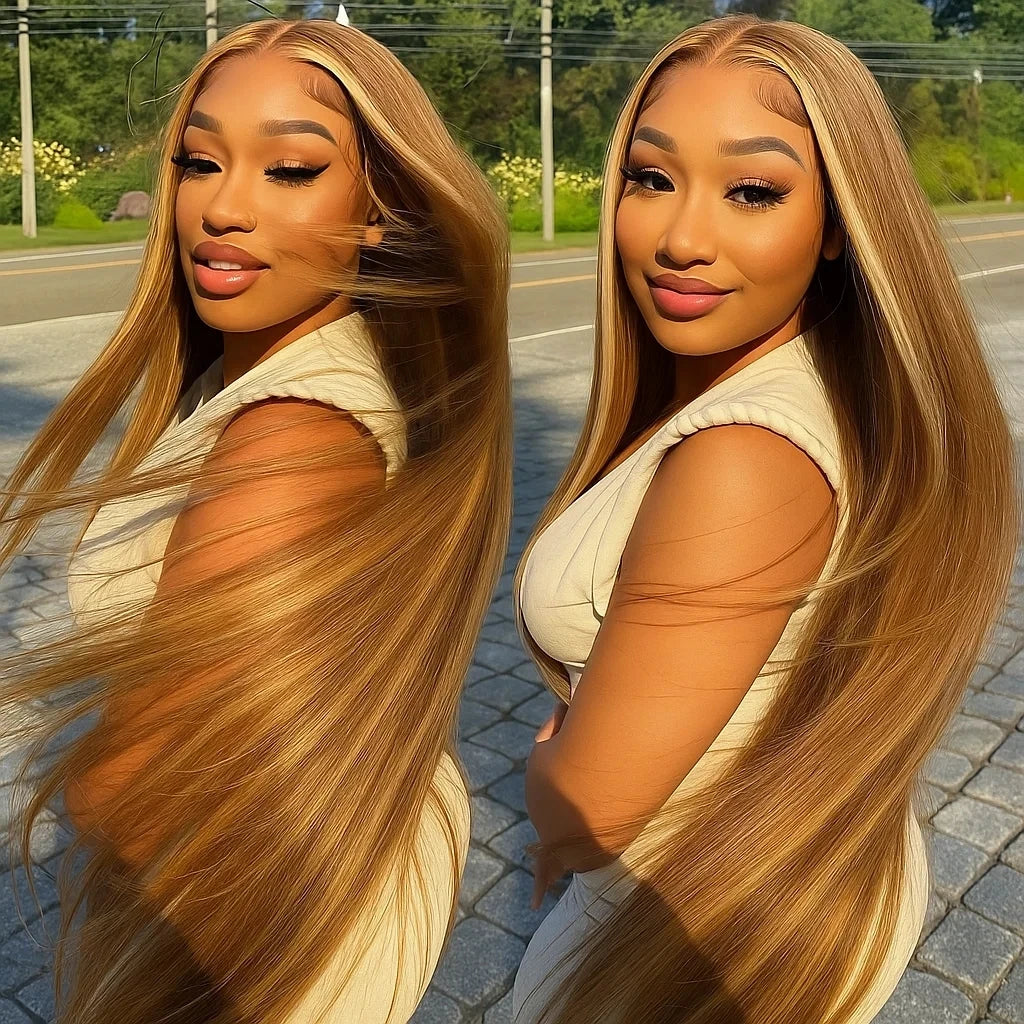 P4/27 Highlight Bone Straight 13x4 HD Lace Frontal Wigs Human Hair Brazilian Ombre Honey Blonde Colored Human Hair Wig For Women