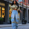 BWQ Washed Denim Women's Set Full Sleeve Floral Jacket and Pockets Cargo Jeans Pants Suit 2025 Street Two 2 Piece Set Outfit