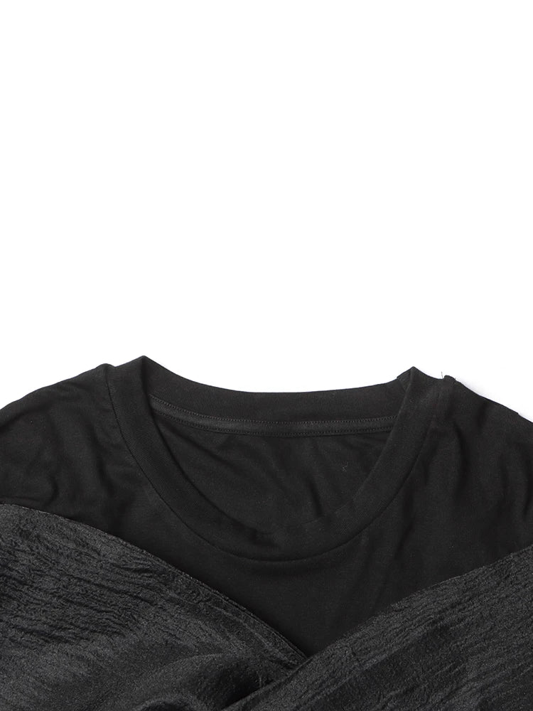 TWOTWINSTYLE Solid Spliced Bowknot T Shirt For Women O Neck Long Sleeve Patchwork Mesh Casual Temperament T Shirts Female Style