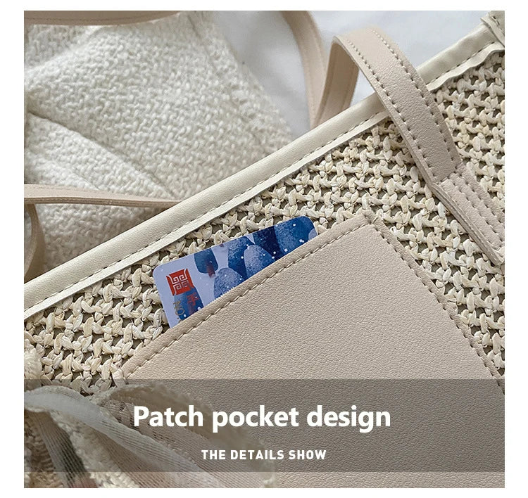 Trendy Lightweight Casual Bow Decor Straw Bag Hollow Out Knitted Flower Tote Bag Large Capacity Shoulder Bag For Teen Girl Women