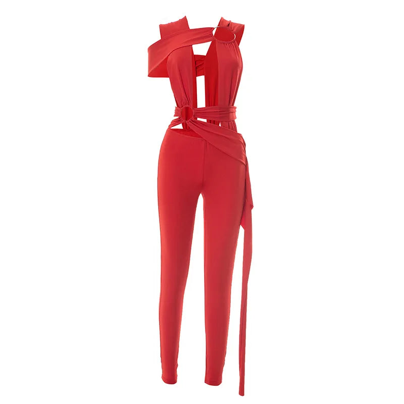 Joskaa Sexy Hollow Bandage Irregular Jumpsuit Women Summer Sleeveless Backless Ribbon Skinny Rompers 2025 Midnight Clubwear