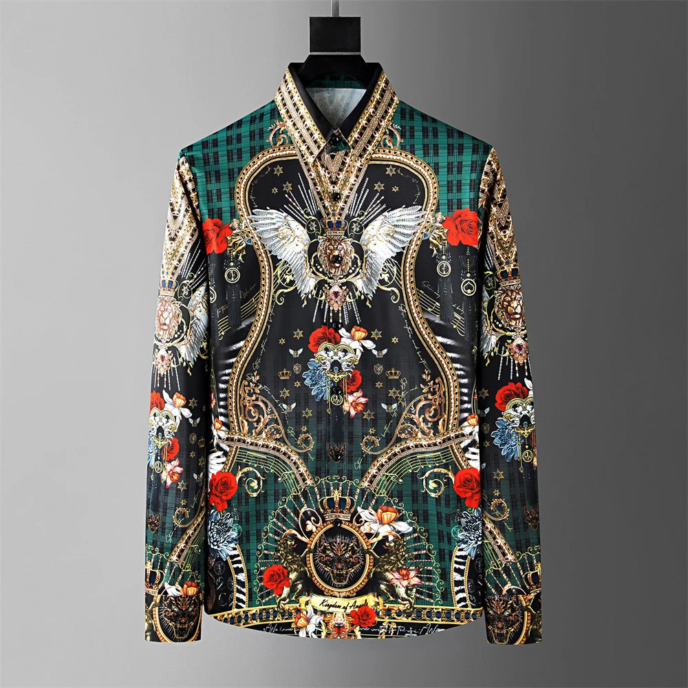 Fashion Men's Luxury Retro Print Shirt Crown Diamond Casual Social Shirt Long Sleeve Slim Fit Business Party Dress Shirt XS-6XL