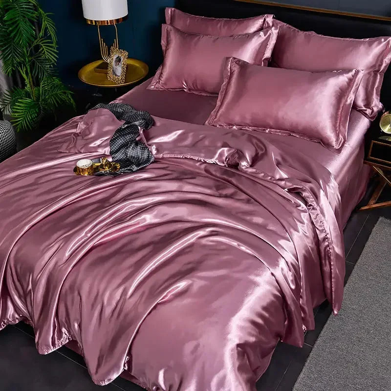 Nordic Satin Silk Bedding Set with Duvet Cover Bed Sheet Pillowcases Luxury Solid Single Double Couple Pillow Case Bedsheet