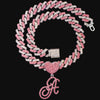 Hip Hop Bling Pink Crystal Cursive Initial Letter Cuban Necklace for Women Iced Out Paved Cuban Chain Necklace Choker Jewelry