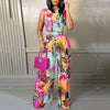 Elegant Women Wide Leg Long Juumpsuit 2024 Spring Summer Fashion Printed Sleeveless Casual Holiday Bodysuits Jumpsuits Trousers