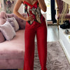 Spring Summer Sleeveless Suit Fashion Print Two Piece Sets Women Sexy V-neck Button Metal Sling Top & Wide Leg Pants Outfits