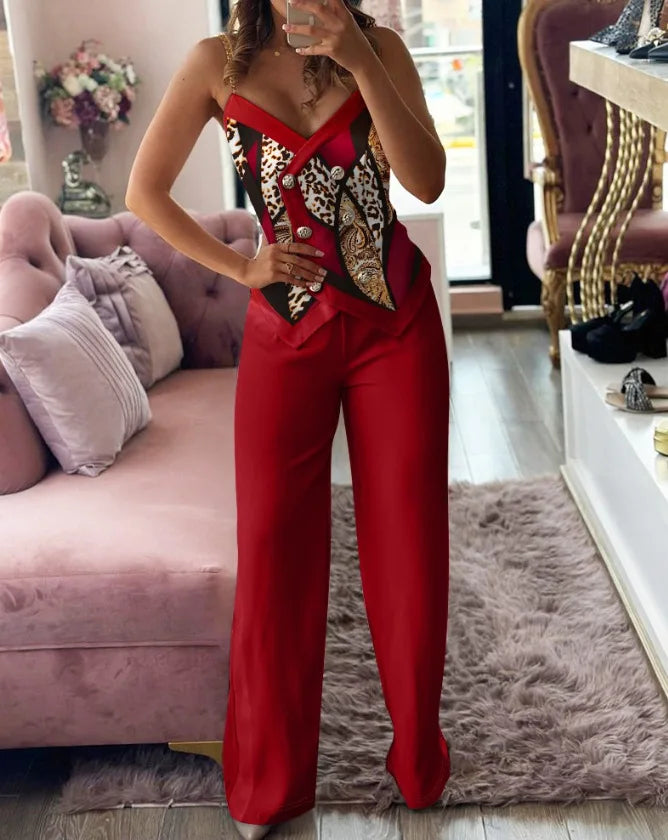 Spring Summer Sleeveless Suit Fashion Print Two Piece Sets Women Sexy V-neck Button Metal Sling Top & Wide Leg Pants Outfits
