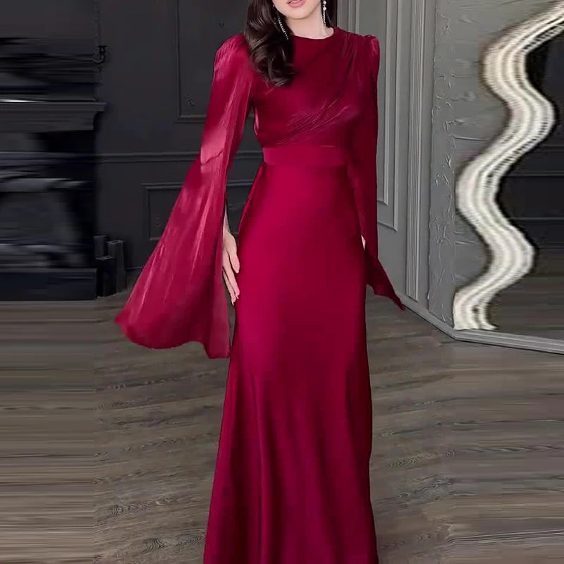 Vintage High Waisted Women Satin Long Dress New Ladies Temperament Crew Collar Dresses Elegant Slim Long Sleeve Banquet Dresses