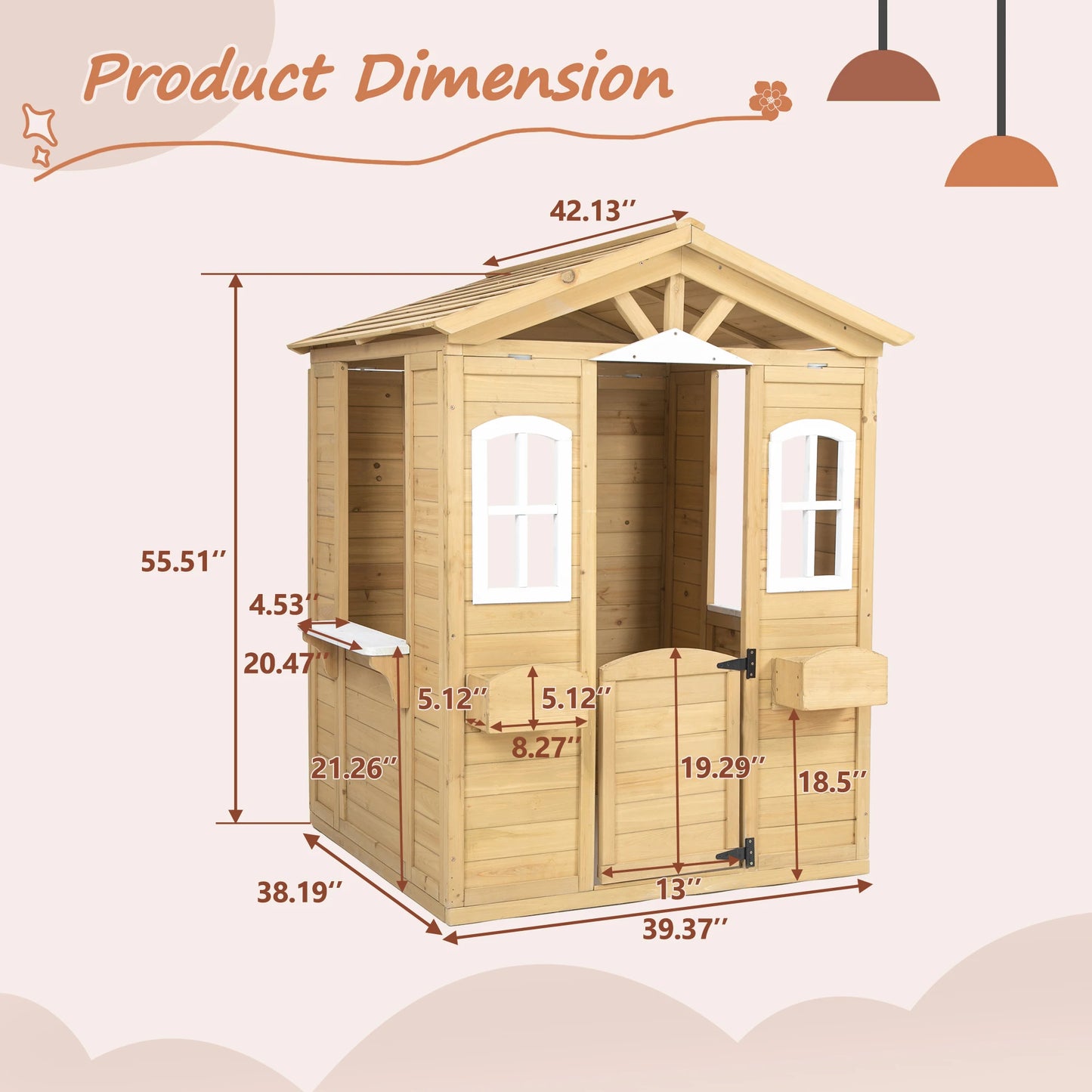 LZBEITEM Wooden Playhouse for Kids Outdoor with Working Door, Windows, Mailbox, Bench, Flowers Pot Holder, 39" x 38" x 55.5"
