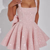 Mozision Sequins Bow Backless Sexy Mini Dress For Women Robe Fashion Square Collar Sleeveless High Waist A-line Club Dress