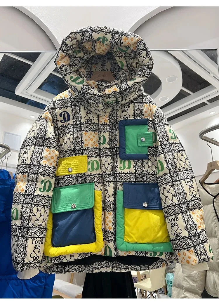 2023 European Station Winter New Down Jacket Women's Warm Fashion Short Color Patchwork Graffiti thick White Duck Down Coa