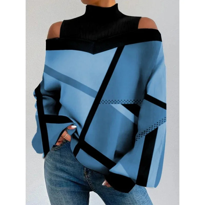 2024Ladies Long Sleeve Turtleneck Tops Women Sexy Off Shoulder Hollow Out Loose Printing T-shirt 2024 Autumn Fashion T-shirt Top