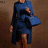 HLJ High Quality Elegant Office Lady Blazer Two Piece Sets Women Lapel Long Sleeve Coat And Slim Dress Outfit Female Clothing