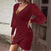Elegant Women's Lace Stitching Mini Dress Spring Autumn Fashion Sexy V-neck Slim Long-sleeved Party Dresses  Female Clothing