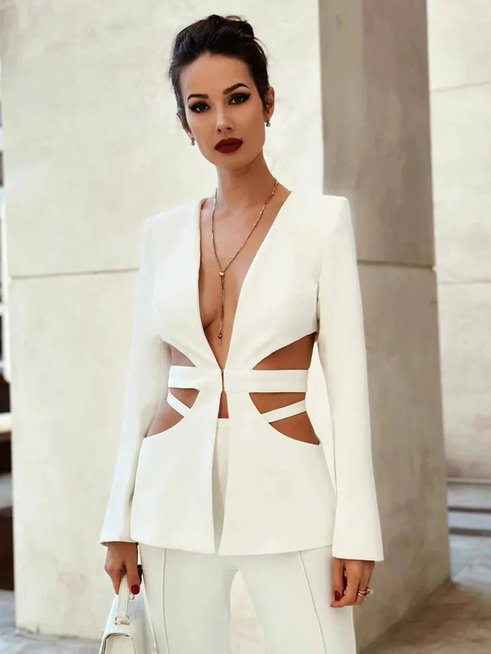 Modphy Red Sexy V-neck Long Sleeve Jacket+High Waist Flare Pants Blazer Set Women'S 2025 New Hollow Out Designer Two-Piece Set